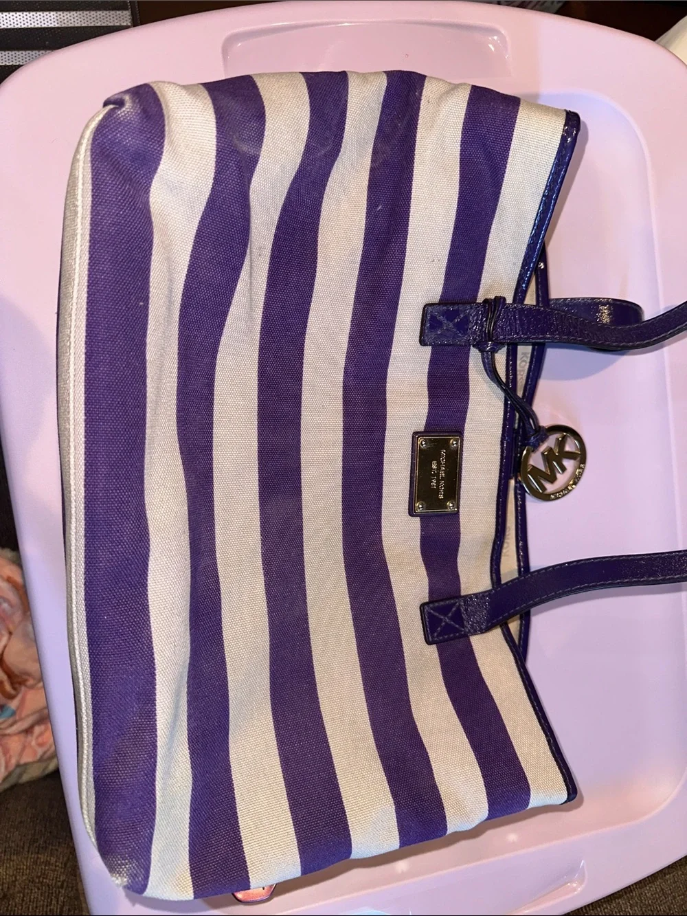 Michael Kors Purple and Cream Striped Canvas Tote with Logo Charm